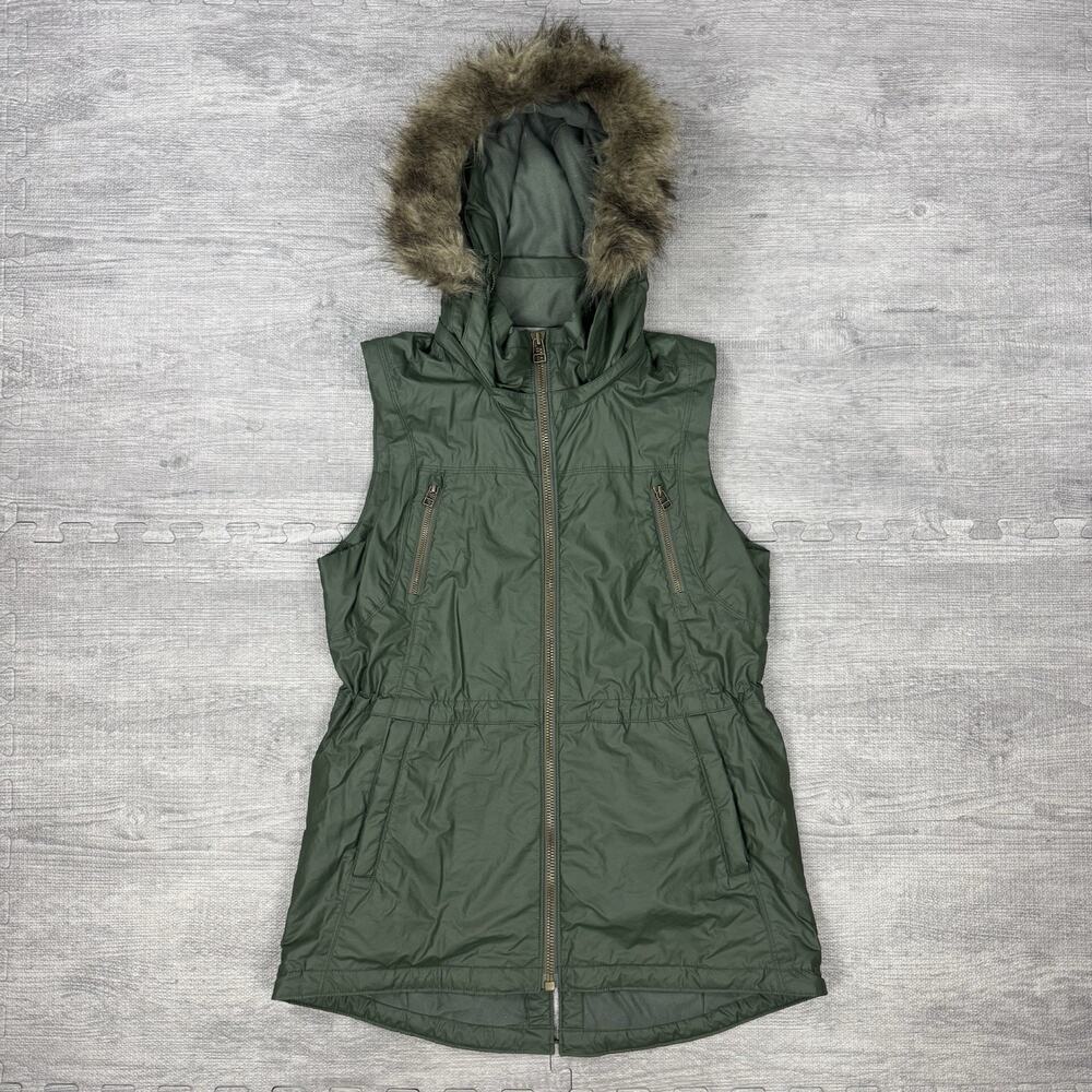 Athleta Green Alpine Air Vest Faux Fur Removable Hood Zip Pockets Sz Small EUC